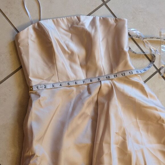 Alfred Sung Strapless Satin Gown Draped Front Slit Pockets Champagne 6 - Picture 10 of 14